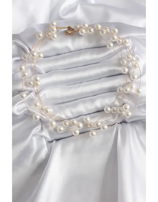 Altın  Çoklu İnci Model  Çelik Kolye
