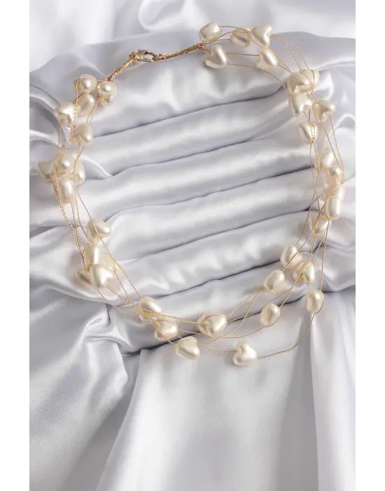 Altın  Çoklu Kalp İncili  Çelik Kolye