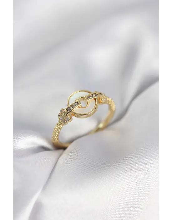 Gold Renk Daire Form Sedef ve Zirkon Taşlı Kadın Yüzük