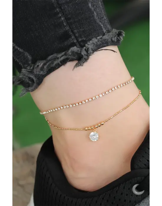 Gold Renk Damla ve Sıra Zirkon Taşlı Halhal