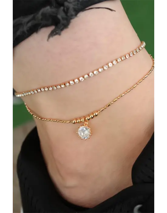 Gold Renk Damla ve Sıra Zirkon Taşlı Halhal