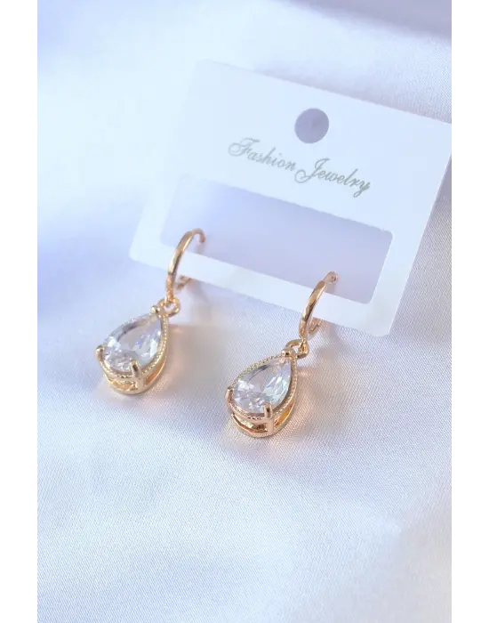 Gold Renk Damla Zirkon Taş Model Kadın Küpe