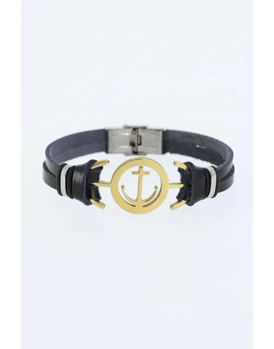 Gold Renk Deniz Çapası Figürlü Metal Aksesuarlı Siyah Renk Deri Erkek Bileklik