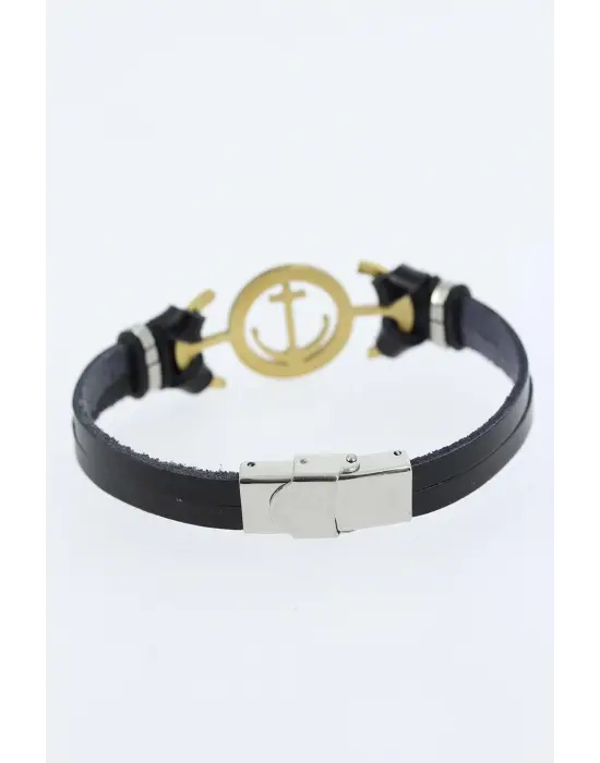 Gold Renk Deniz Çapası Figürlü Metal Aksesuarlı Siyah Renk Deri Erkek Bileklik