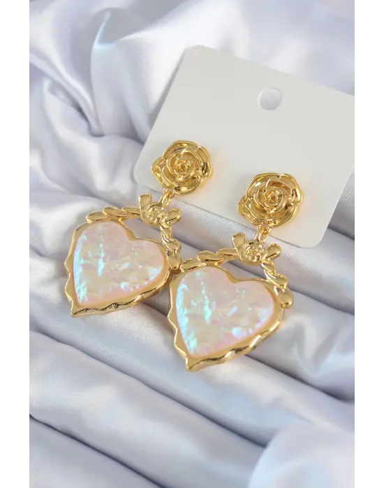 Altın Gül Sallantı Kalp Model  VİP Çelik Küpe