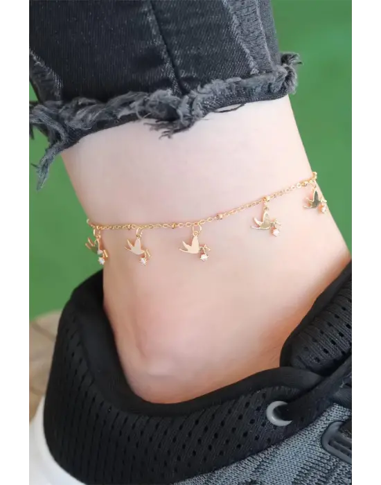 Gold Renk Güvercin Tasarımlı Zirkon Taşlı Halhal