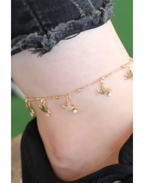 Gold Renk Güvercin Tasarımlı Zirkon Taşlı Halhal