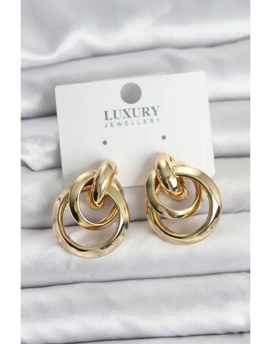 İç içe Geçmiş Gold Renk Halka Model Pirinç Kadın Küpe