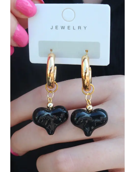 Gold Renk Halka Siyah Kalp Model Kadın Küpe