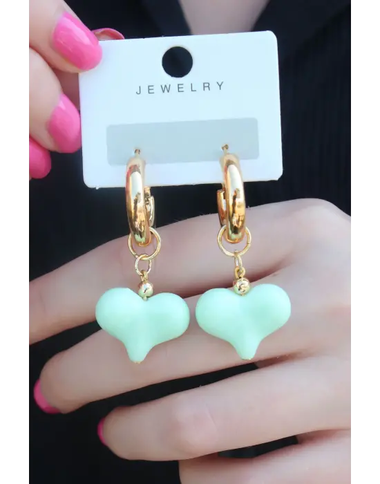 Gold Renk Halka Yeşil Kalp Model Kadın Küpe