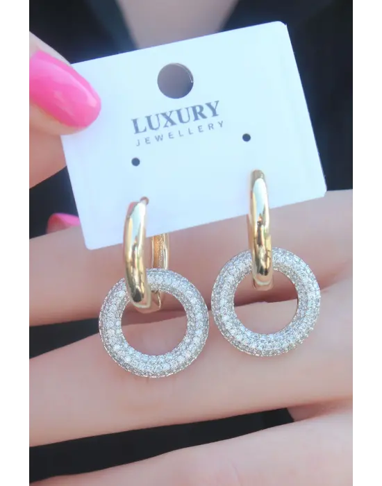 Gold Renk Halka Zirkon Taşlı Halka Model Pirinç Kadın Küpe