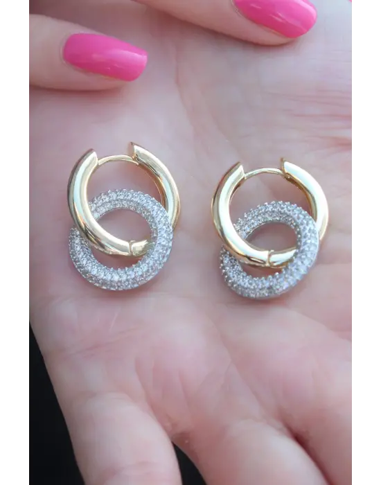 Gold Renk Halka Zirkon Taşlı Halka Model Pirinç Kadın Küpe