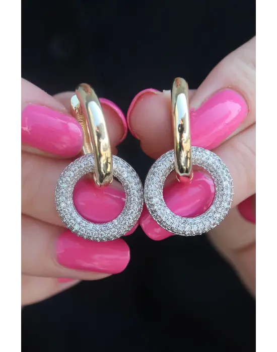 Gold Renk Halka Zirkon Taşlı Halka Model Pirinç Kadın Küpe