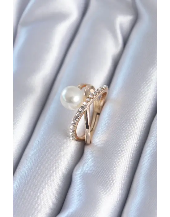 Altın İncili Zirkon Taşlı Çelik Yüzük