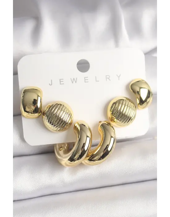 Altın İşlemeli Daire Halka Model CCB Çelik Küpe Seti