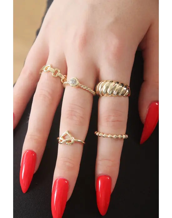 Gold Renk Kalp Figür Zirkon Taş Detay Bayan Yüzük Kombin