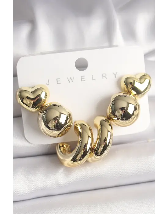 Altın Kalp Halka Model CCB Plastik Çelik Küpe Seti