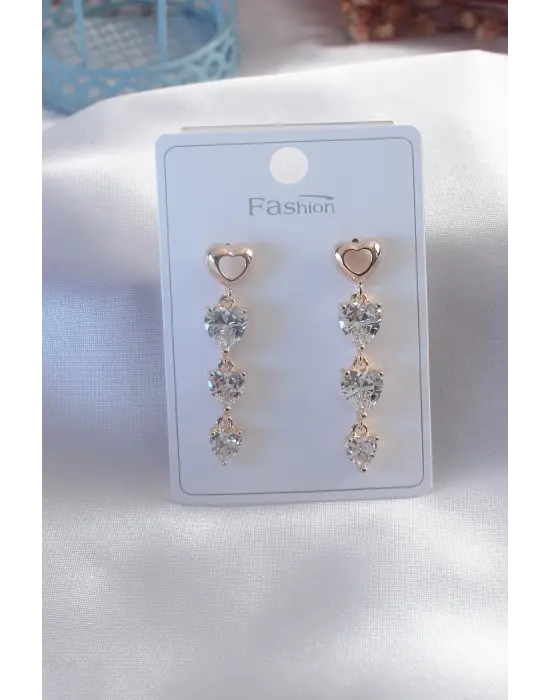 Gold Renk Kalp Model Zirkon Taşlı Kadın Küpe