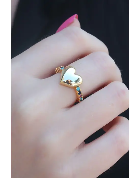 Gold Renk Kalp Model Zirkon Taşlı Kadın Yüzük