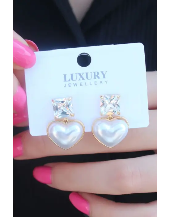 Gold Renk Kalp Model Zirkon Taşlı Pirinç Kadın Küpe