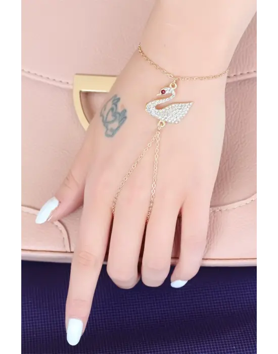 Gold Renk Kaplama Zirkon Taşlı Kuğu Figürlü Şahmeran Bileklik