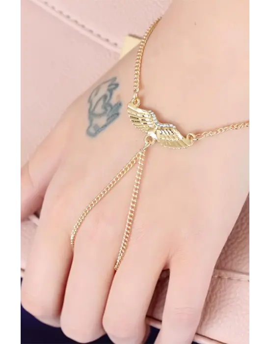 Gold Renk Kaplama Zirkon Taşlı Melek Kanadı Figürlü Şahmeran Bileklik