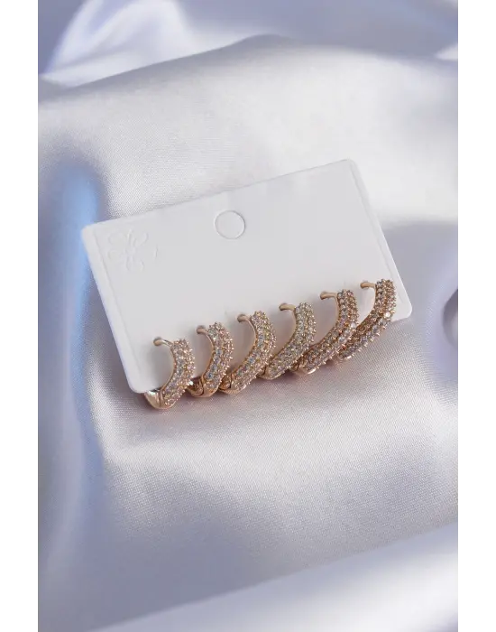 Gold Renk Kare Model Zirkon Taşlı Pirinç Kadın Küpe Seti