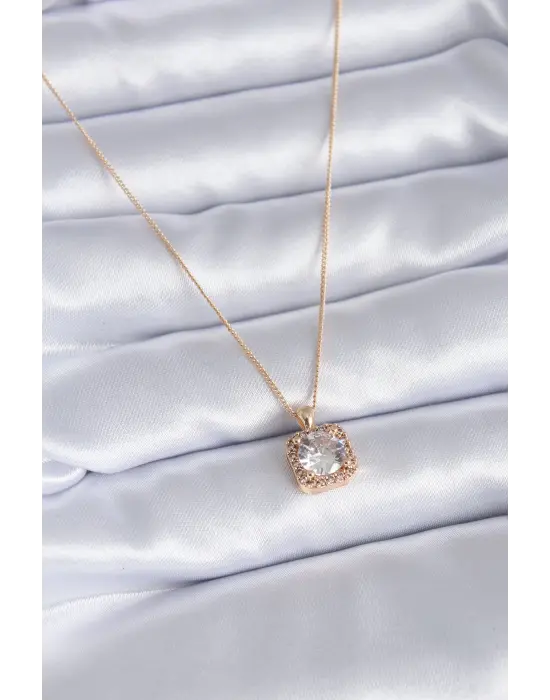 Altın  Kare Zirkon Taş Model  Çelik Kolye