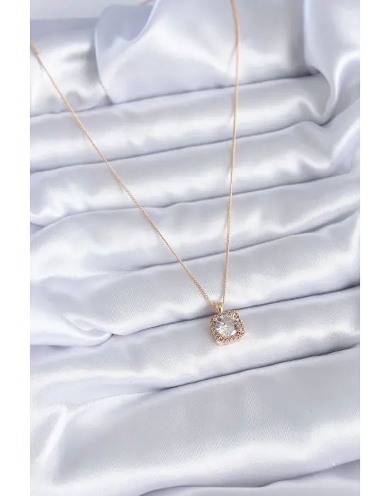 Altın  Kare Zirkon Taş Model  Çelik Kolye