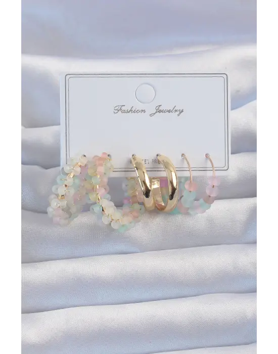 Altın Karışık Renk Boncuklu Halka Küpe Seti