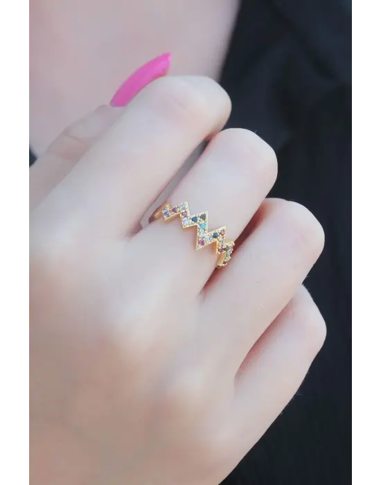 Gold Renk Karışık Renk Zirkon Taşlı Kadın Yüzük