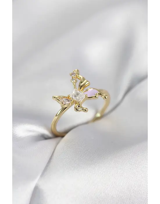 Gold Renk Kelebek Model Zirkon Taşlı Kadın Yüzük