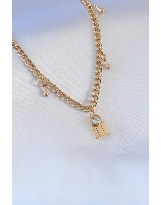 Gold Renk Kilit Figür Zincir Model Zirkon Taş Detay Kadın Kolye