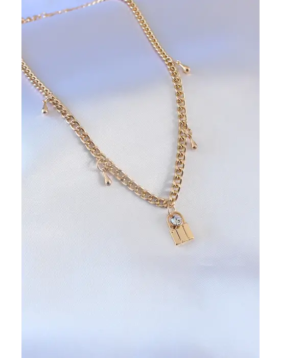 Gold Renk Kilit Figür Zincir Model Zirkon Taş Detay Kadın Kolye