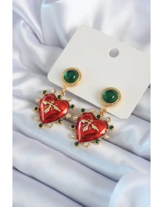 Altın Kırmızı Kalp Model Zirkon Taş Detay  VİP Çelik Küpe