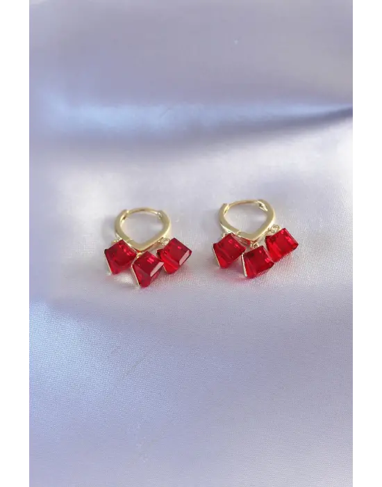 Gold Renk Kırmızı Renk Kristal Taşlı Kadın Küpe