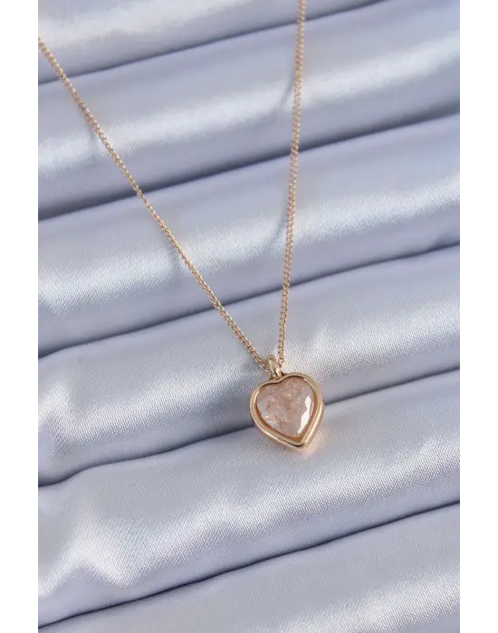 Gold Renk Krem Renk Simli Kalp Model Kadın Kolye