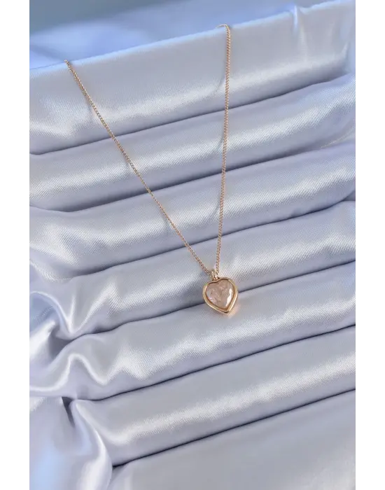 Gold Renk Krem Renk Simli Kalp Model Kadın Kolye