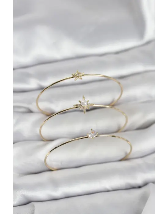 Gold Renk Kutup Yıldızı Model Zirkon Taşlı 3lü Kadın Bileklik Kombini