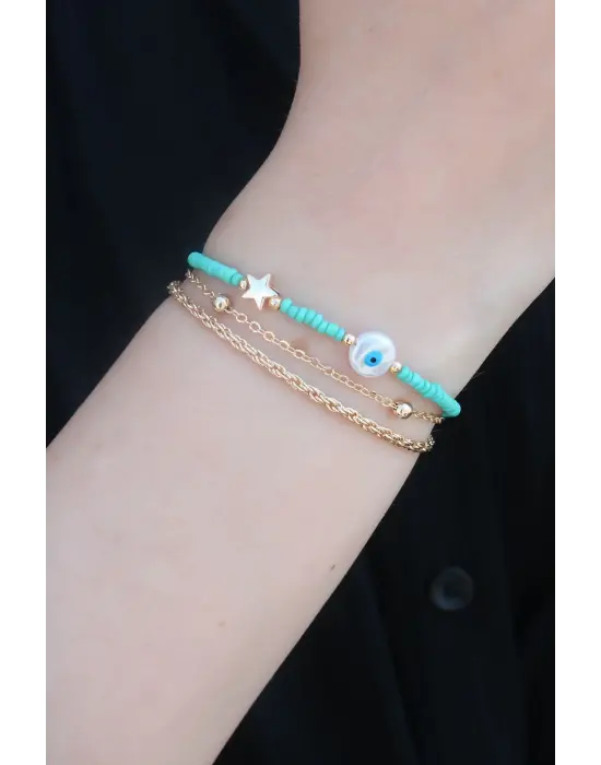 Gold Renk Mavi Boncuk Model Nazar Boncuk Figür 2li Kadın Bileklik