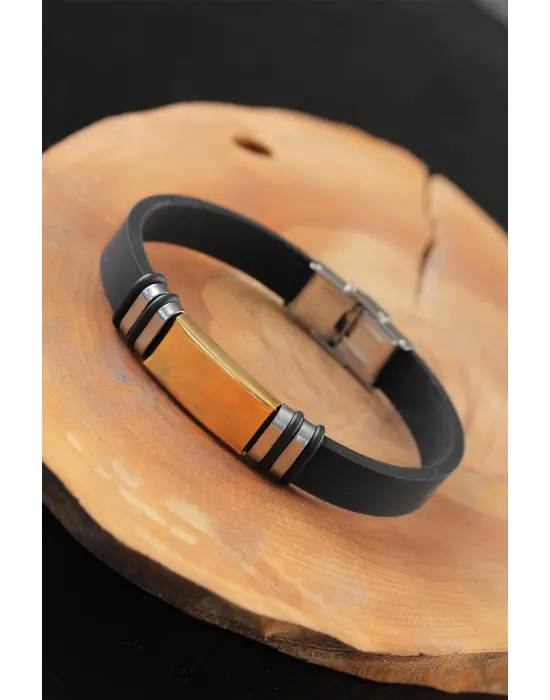 Gold Renk Metal Aksesuarlı Siyah Renk Deri Erkek Bileklik