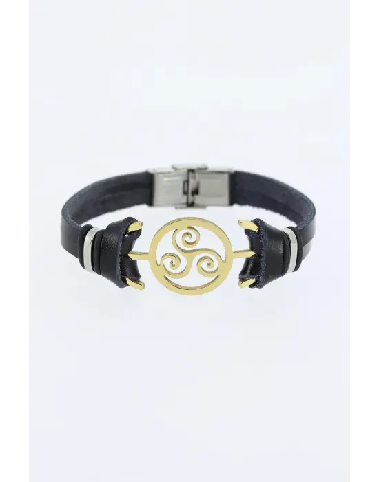 Gold Renk Metal Aksesuarlı Siyah Renk Deri Erkek Bileklik