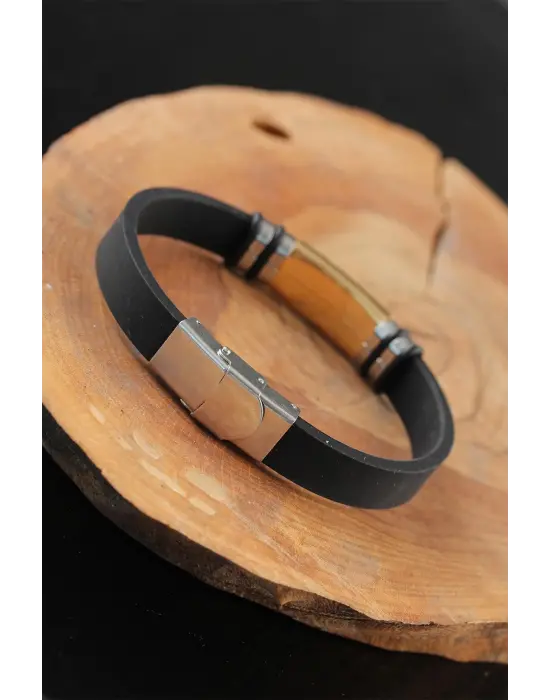 Gold Renk Metal Aksesuarlı Siyah Renk Deri Erkek Bileklik