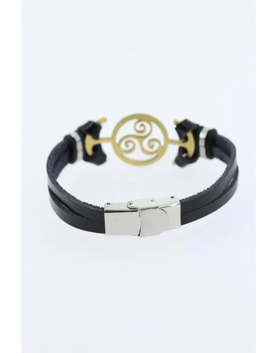 Gold Renk Metal Aksesuarlı Siyah Renk Deri Erkek Bileklik