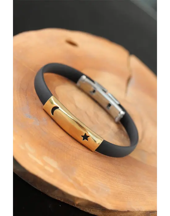 Gold Renk Metal Ay Yıldız Tasarım Siyah Renk Silikon Erkek Bileklik