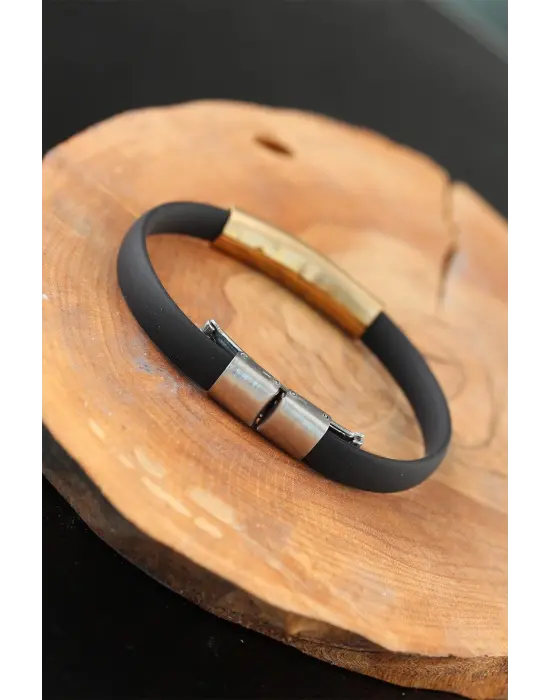 Gold Renk Metal Ay Yıldız Tasarım Siyah Renk Silikon Erkek Bileklik