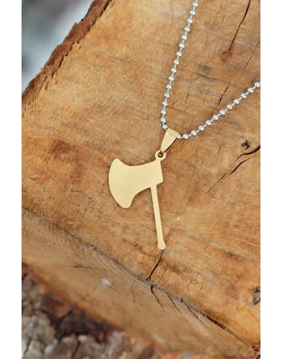 Gold Renk Metal Balta Uçlu Top Zincirli Erkek Kolye