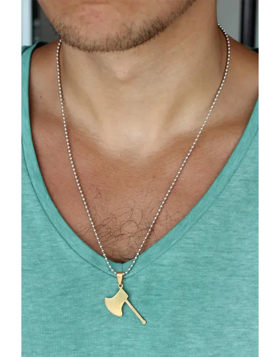 Gold Renk Metal Balta Uçlu Top Zincirli Erkek Kolye