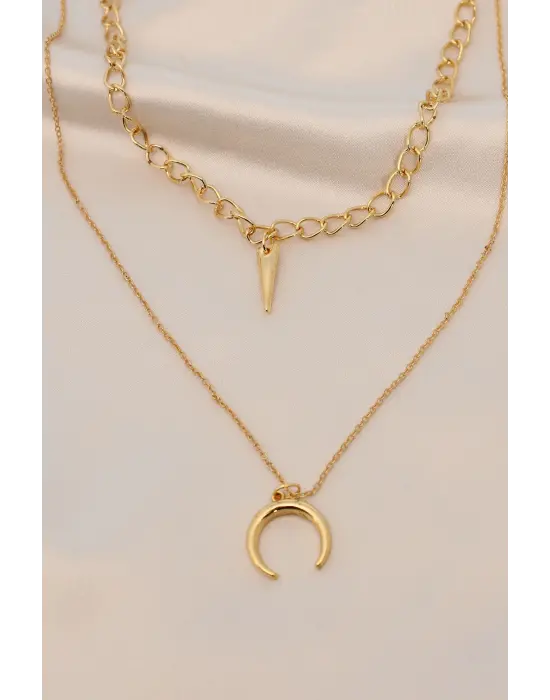 Gold Renk Metal Çift Zincirli Aksesuarlı Kolye