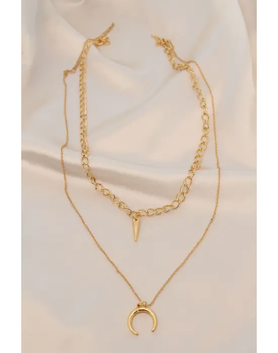 Gold Renk Metal Çift Zincirli Aksesuarlı Kolye